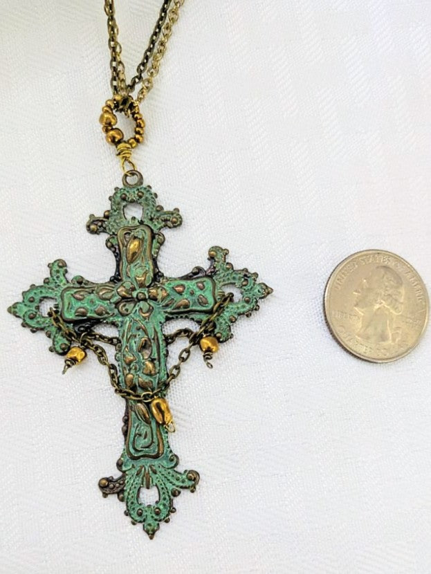 Gothic Style Brass Patina Cross Pendant