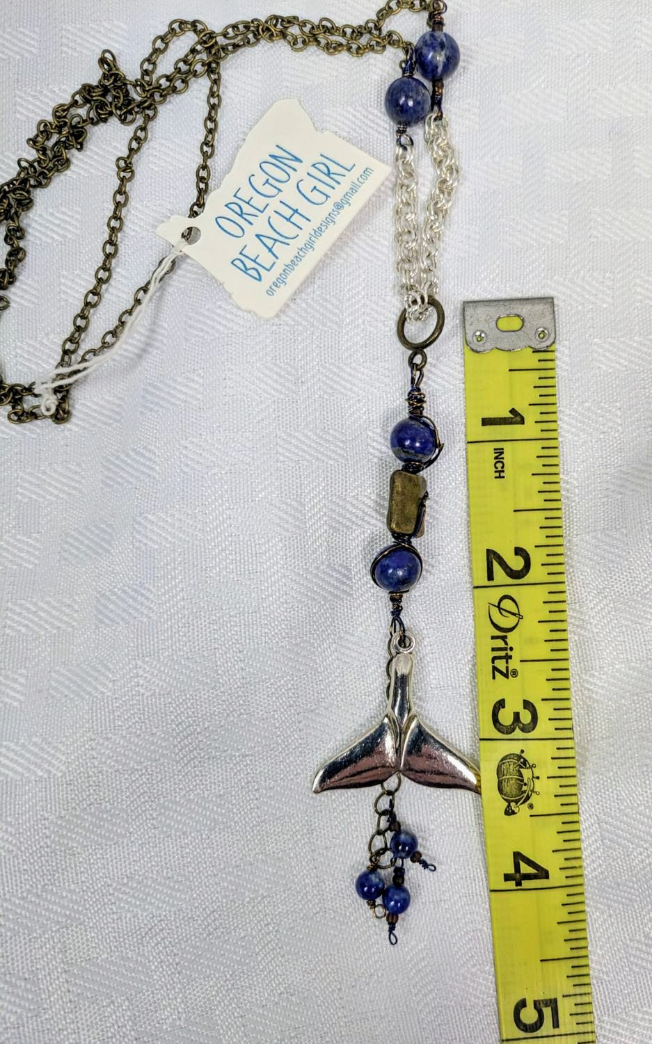 Pewter Whale Tail Pendant with Lapis Lazuli
