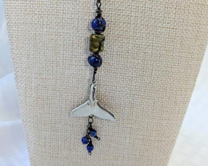 Pewter Whale Tail Pendant with Lapis Lazuli