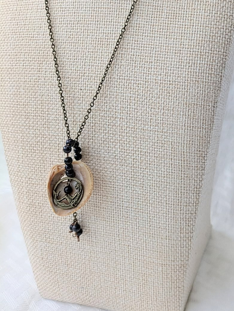 Brass Mermaid Shell Necklace with Blue Goldstone