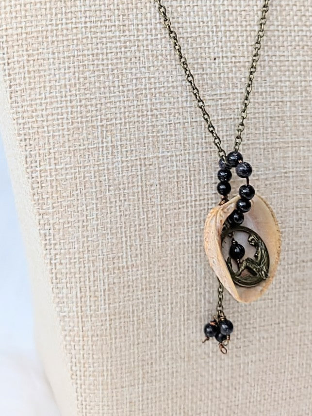 Brass Mermaid Shell Necklace with Blue Goldstone