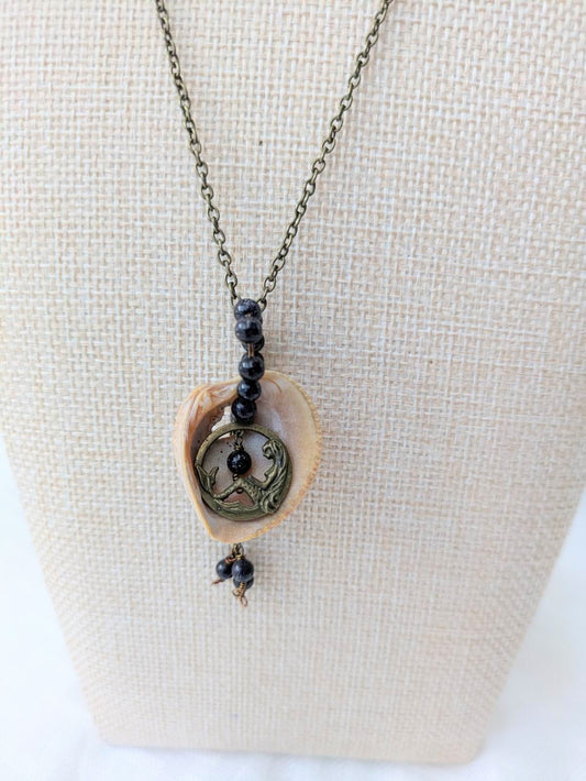 Brass Mermaid Shell Necklace with Blue Goldstone