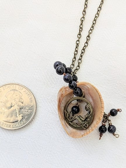 Brass Mermaid Shell Necklace with Blue Goldstone