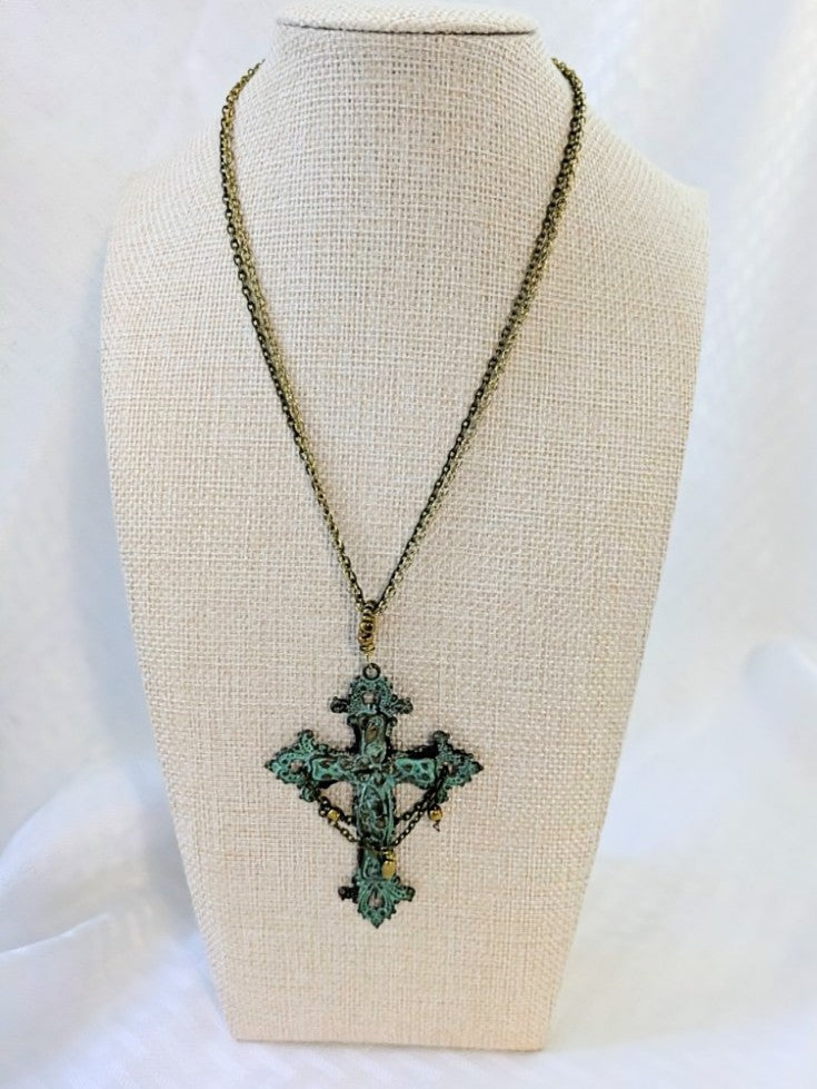 Gothic Style Brass Patina Cross Pendant