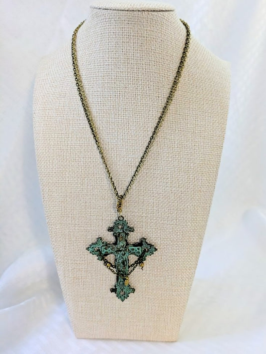 Gothic Style Brass Patina Cross Pendant