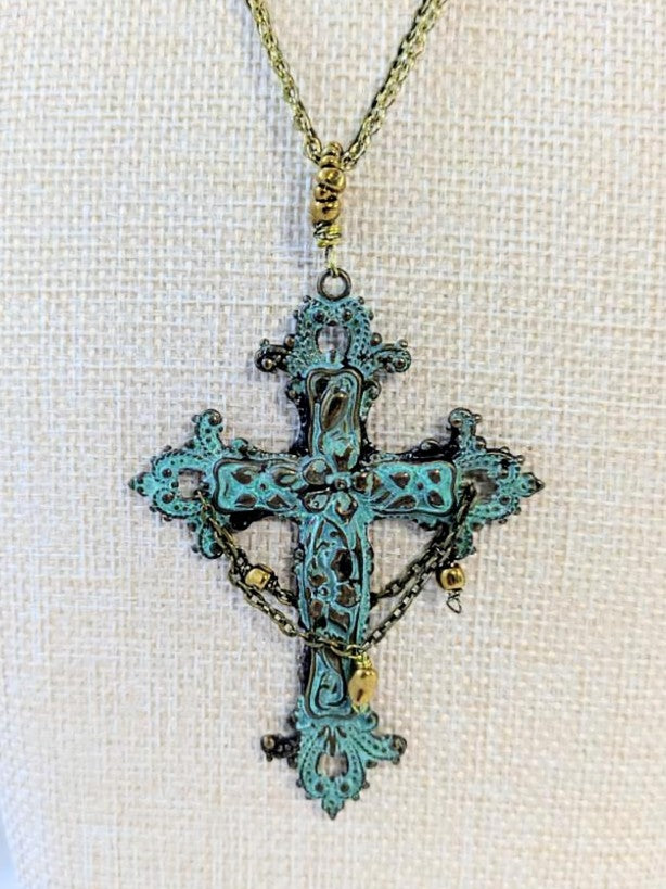 Gothic Style Brass Patina Cross Pendant