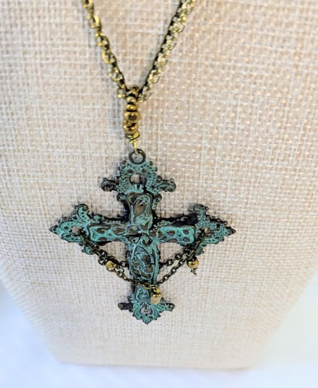 Gothic Style Brass Patina Cross Pendant