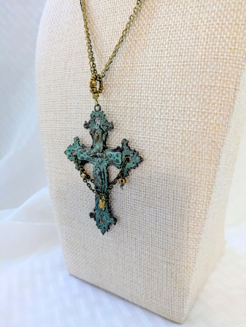 Gothic Style Brass Patina Cross Pendant