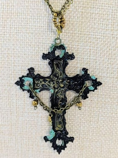 Gothic Style Brass Patina Cross Pendant