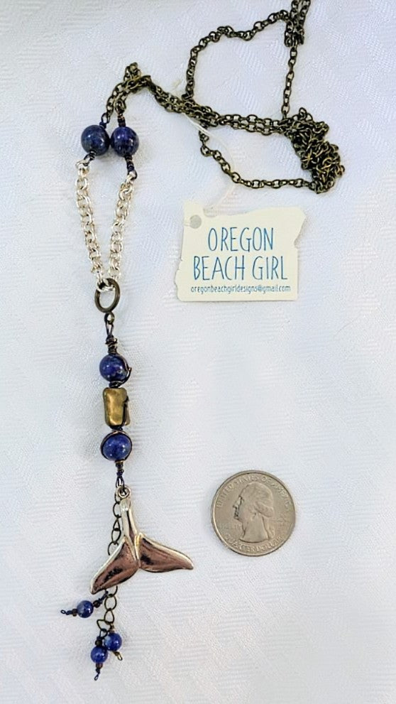 Pewter Whale Tail Pendant with Lapis Lazuli