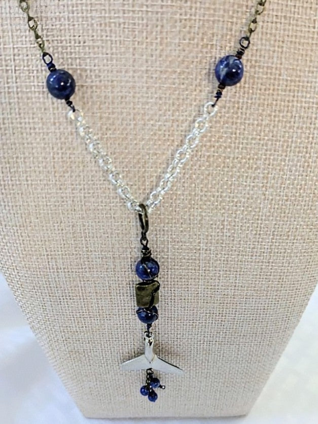 Pewter Whale Tail Pendant with Lapis Lazuli