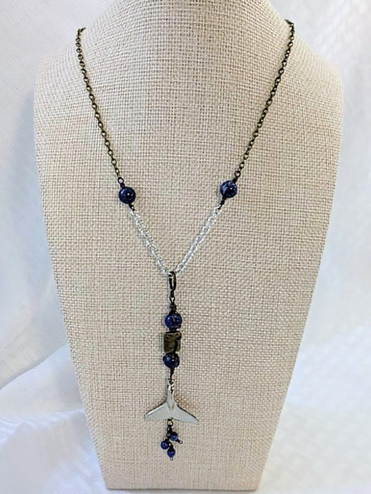 Pewter Whale Tail Pendant with Lapis Lazuli
