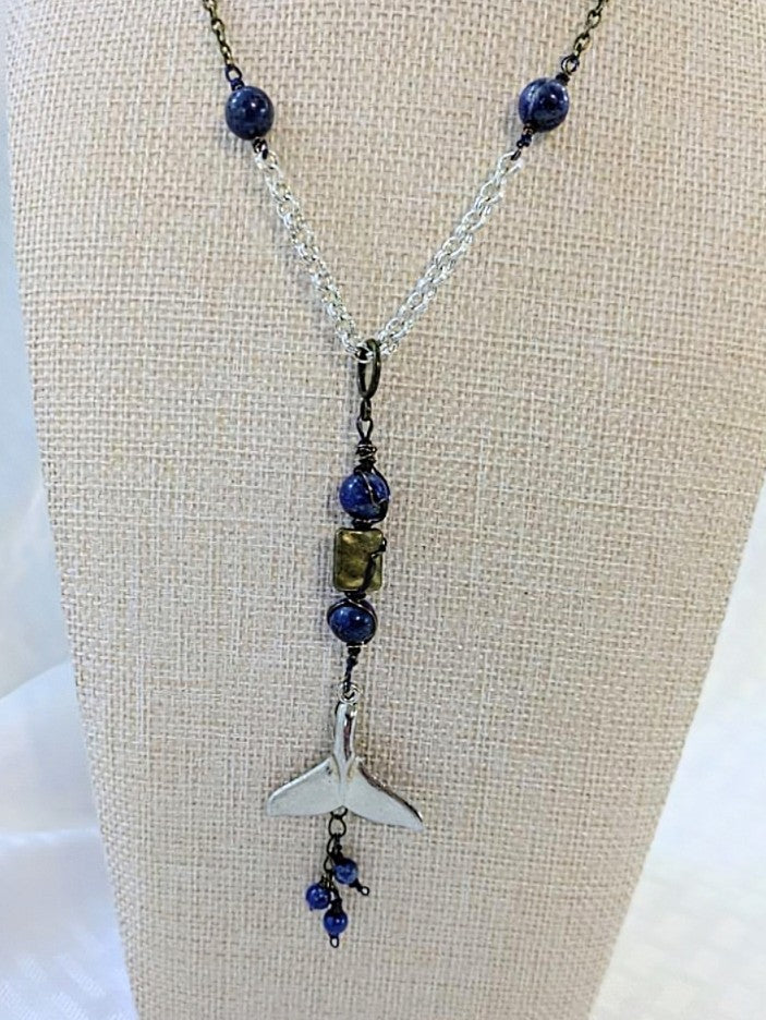 Pewter Whale Tail Pendant with Lapis Lazuli