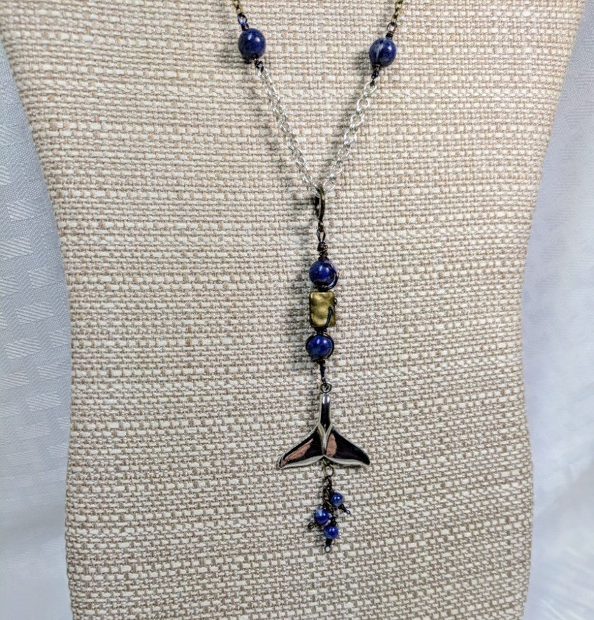 Pewter Whale Tail Pendant with Lapis Lazuli