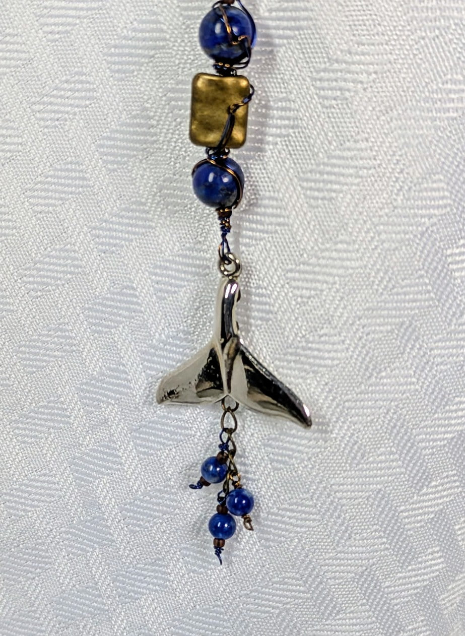 Pewter Whale Tail Pendant with Lapis Lazuli