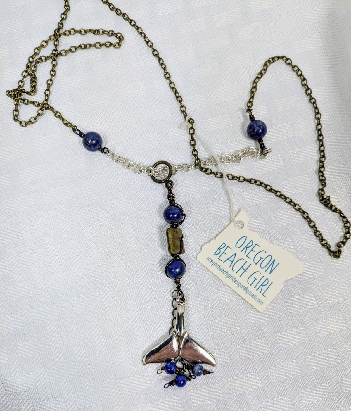 Pewter Whale Tail Pendant with Lapis Lazuli