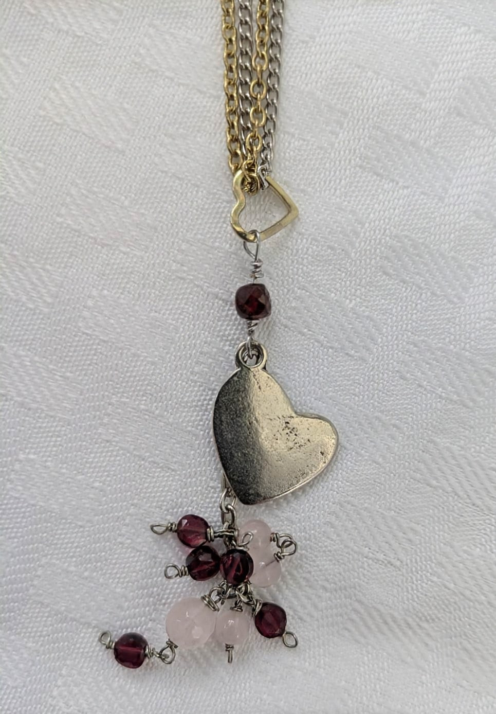 Romantic Heart Necklace with Garnet and Rose Quartz