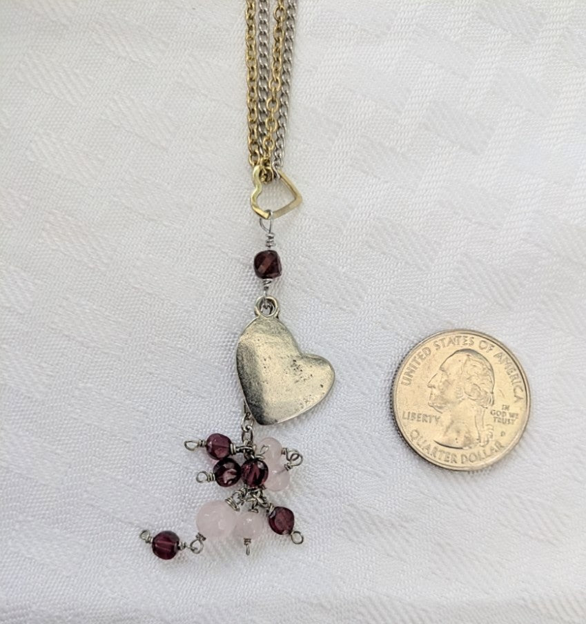 Romantic Heart Necklace with Garnet and Rose Quartz