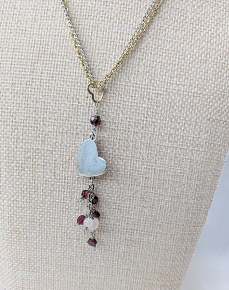 Romantic Heart Necklace with Garnet and Rose Quartz