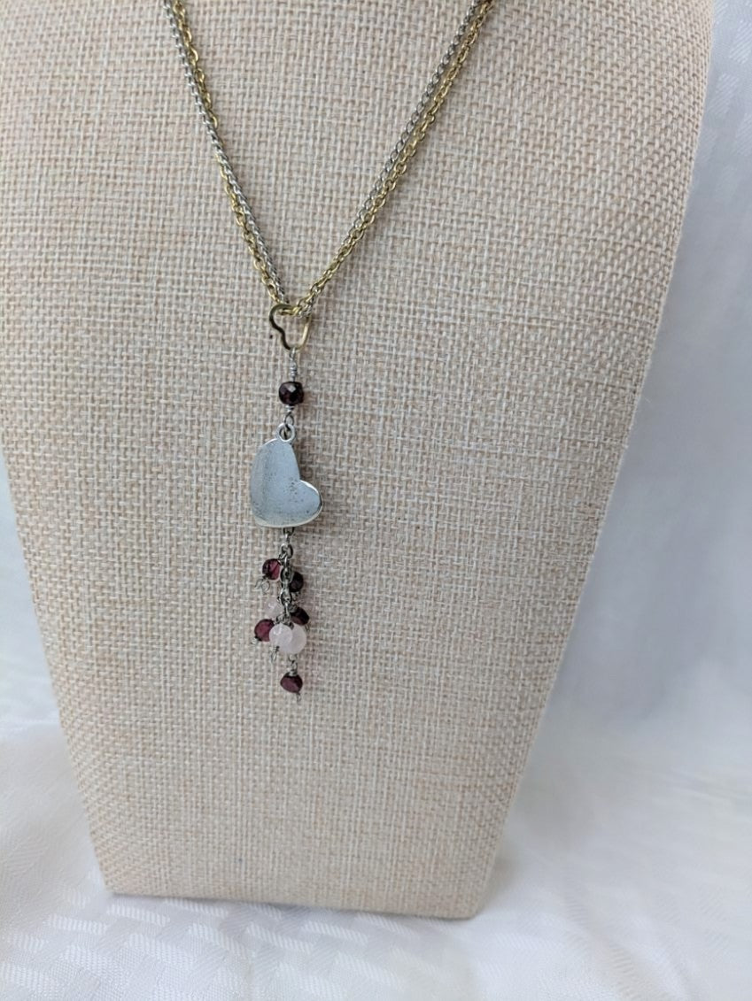 Romantic Heart Necklace with Garnet and Rose Quartz