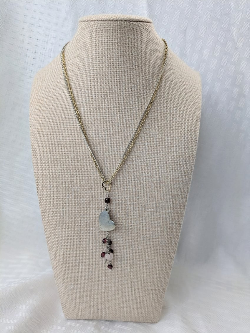 Romantic Heart Necklace with Garnet and Rose Quartz