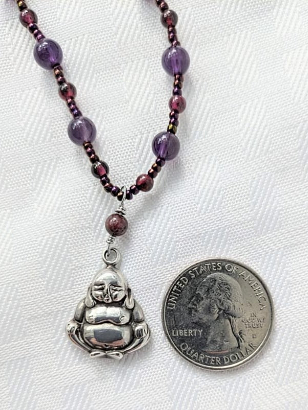 Sterling Silver Buddha with Amethyst and Garnet