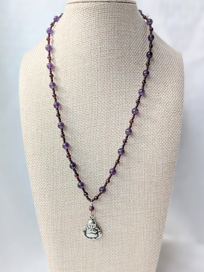 Sterling Silver Buddha with Amethyst and Garnet