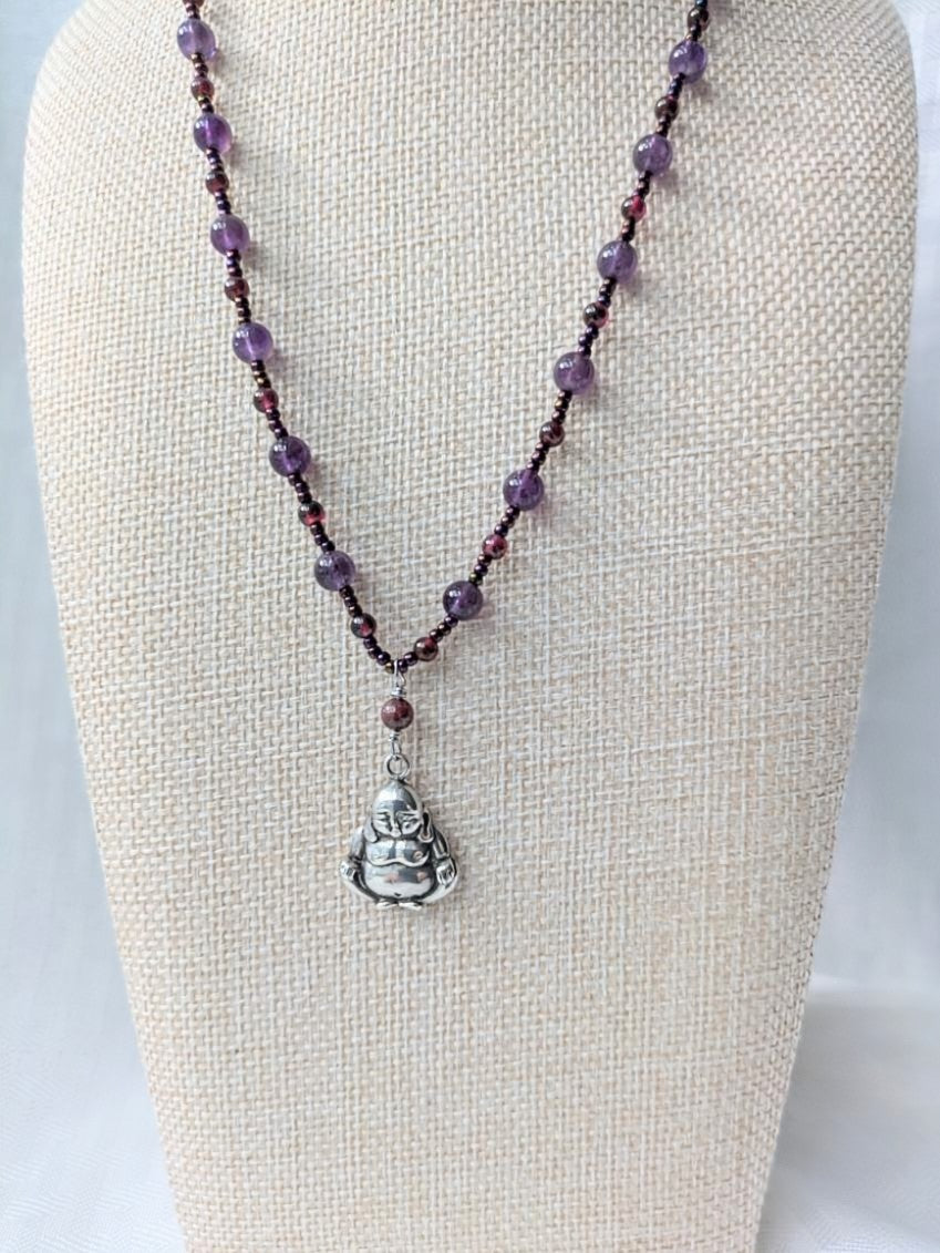 Sterling Silver Buddha with Amethyst and Garnet