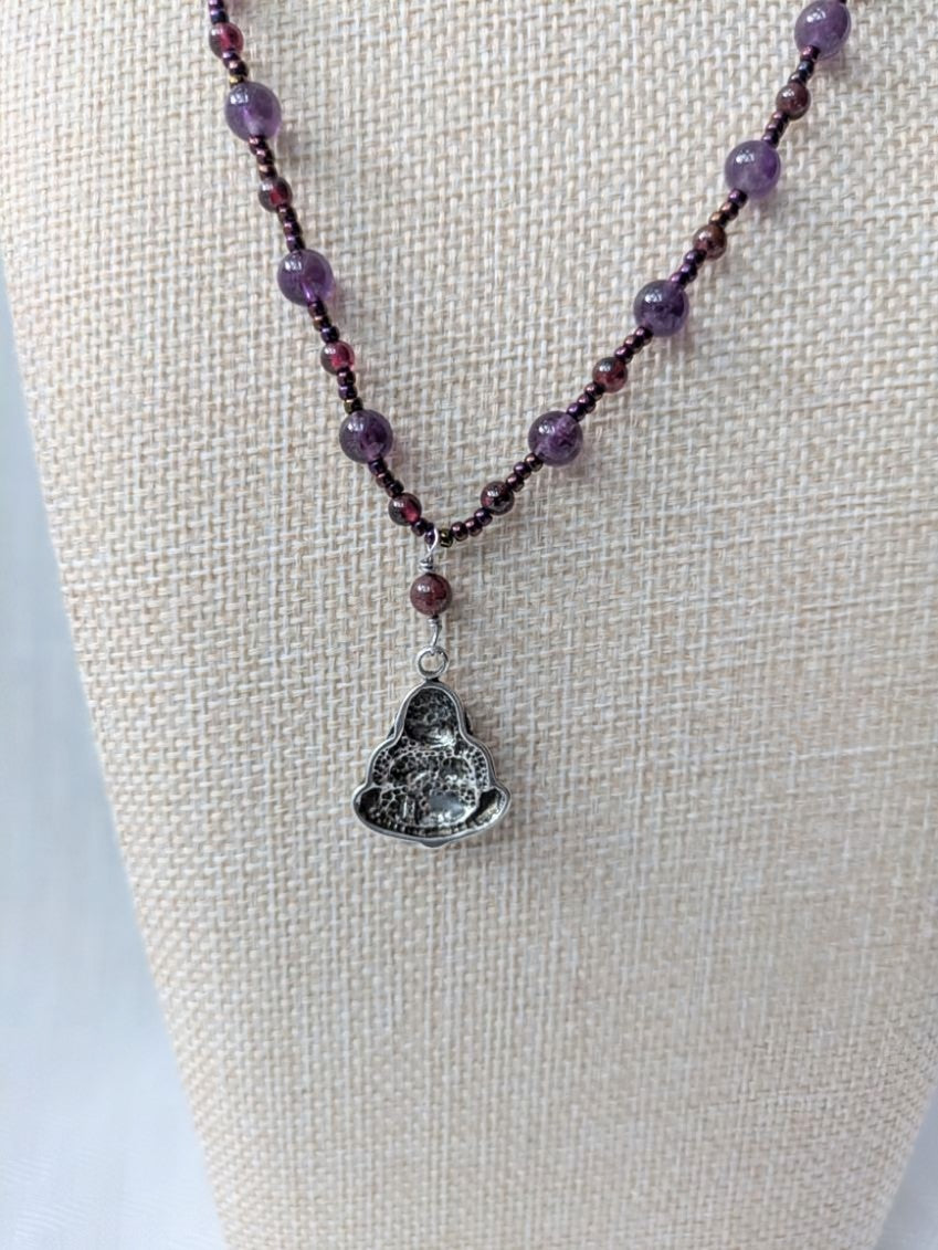 Sterling Silver Buddha with Amethyst and Garnet